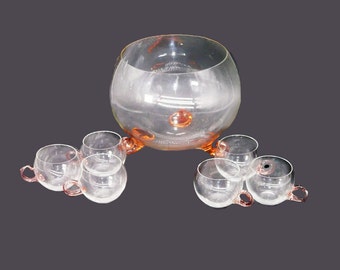 Vintage Pink Glass Punch Bowl Set: Shell Feet, 6 Cups, Sussmuth Style