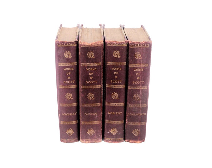 Four volumes of antiquarian books. Sir Walter Scott Waverley Novels. Frederick Stokes NY. Rob Roy, Ivanhoe, Kenilworth, Waverley.