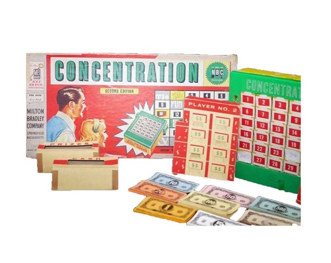 Concentration board game 4950 published 1959 Milton Bradley. Second edition. Made in USA. Complete (see below).
