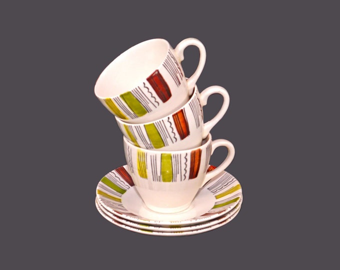 Three Broadhurst Mandalay cup and saucer sets. Kathie Winkle design. Made in England.