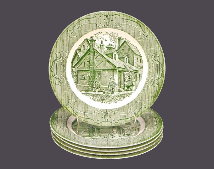 Five Royal China The Old Curiosity Shop Green dinner plates made in USA. Flaws (see below).