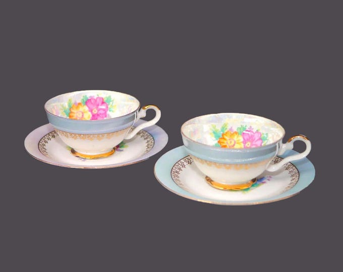 Pair of hand-painted Nippon pearlized lusterware wide-mouth demitasse cup and saucer sets | espresso sets.
