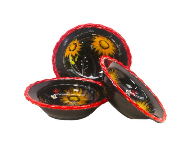 Three Ganz GAN41 rimmed stoneware soup bowls. Bella Casa Stoneware. Flaws (see below).