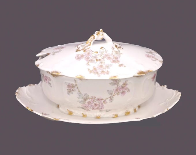 Antique art-nouveau era CH Haviland GDA Limoges covered sauce boat | gravy boat with attached plate. Pink flowers, gold daubs, vines.