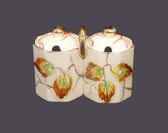 Art deco period Arthur Wood 3016 hand-decorated double jam, jelly, mustard pot with lids and handle.