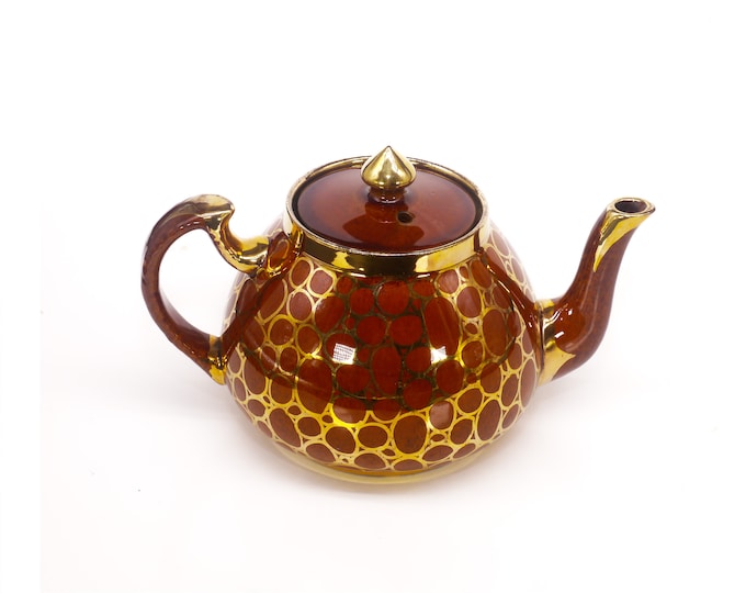 Almost antique Price Brothers 1656 two-cup | tea-for-two teapot. Gold honeycomb pattern on brown. Made in England.