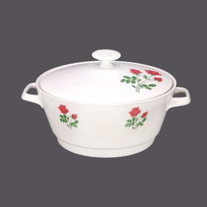 Winterling WIG1003 covered, handled serving bowl. Red roses on stem. Made in Germany. Flaw (see below).