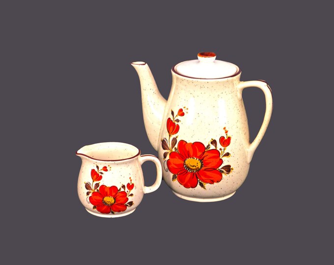 Japan Stoneware Valencia tall six-cup coffee pot and creamer jug. Flaw (see below).