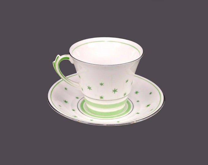 Art-deco era Roslyn Stella Green 7335 hand-decorated, bone china cup and saucer set made in England. Green stars. Flaws (see below).