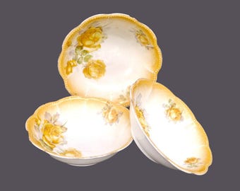 Vintage Epiag Czechoslovakia Dessert Bowls: Yellow Roses, Scalloped Edge - Set of 3
