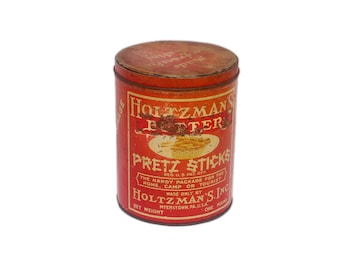 Antique Holtzman's Pretzel Sticks tin made in Pennsylvania USA. Tin-tight packaging.