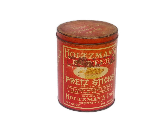 Antique Holtzman's Pretzel Sticks tin made in Pennsylvania USA. Tin-tight packaging.