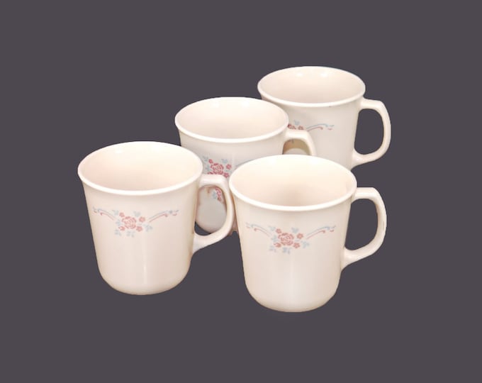 Four Corelle Corningware English Breakfast coffee or tea mugs made in USA.
