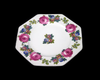 Antique art nouveau era Wedgwood WW183 multisided salad or side plate. Pink roses, blue flowers. Imperial Porcelain made in England. Flaws.
