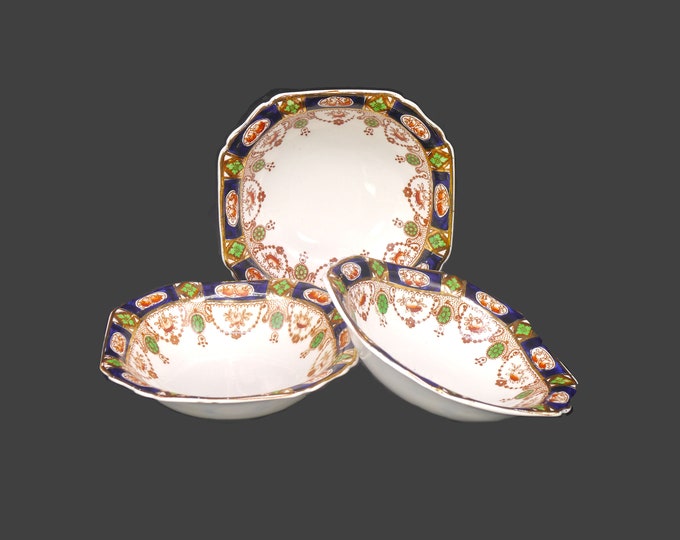 Three antique Thomas Hughes & Son Imperial Derby square cereal bowls. Imari-style tableware made in England. Flaws (see below).