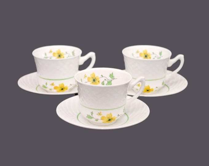 Three Wedgwood Jacqueline cup and saucer sets made in England.