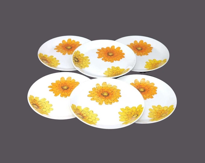 Six Johnson Brothers Australian design orange Chrysanthemum flower-power salad plates. Retro tableware made in England.