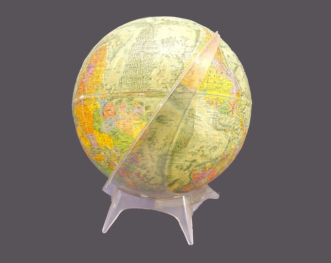 Reader's Digest World globe 1973 on rotating acrylic stand. Made in USA by Replogle.