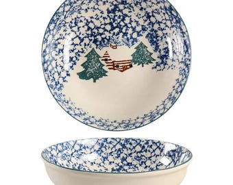 Vintage Tienshan Cabin in the Snow round serving bowl. Folkcraft stoneware. Christmas tableware.