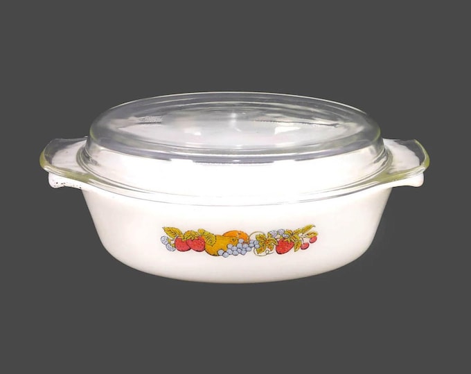 Fire King Anchor Hocking Nature's Bounty 1.5 quart oval covered casserole dish. Original glass-dome lid. Made in USA.