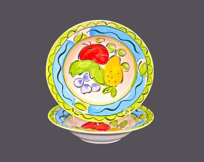Pair of Sango Orchard 6103 rimmed stoneware soup bowls. Hand-painted fruit toile.