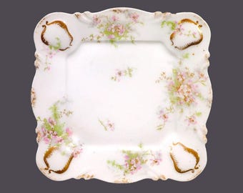 Antique Theodore Haviland Limoges Schleiger 67L square serving plate. Pink art-nouveau floral sprays embossed gold.
