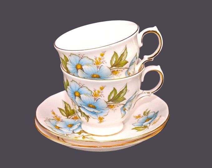 Pair of Queen Anne 8618 bone china cup and saucer sets made in England. Blue flowers on white.