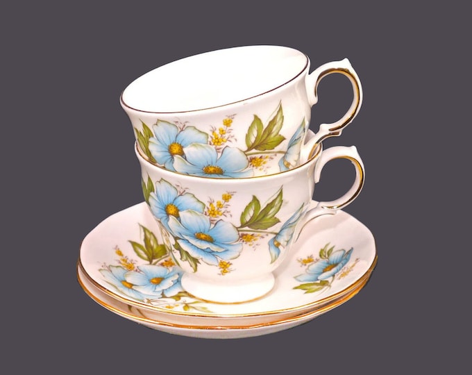 Pair of Queen Anne 8618 bone china cup and saucer sets made in England. Blue flowers on white.