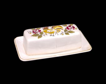 Mikasa Heritage covered stoneware butter dish. Rooster and florals. Terra Stone stoneware made in Japan.