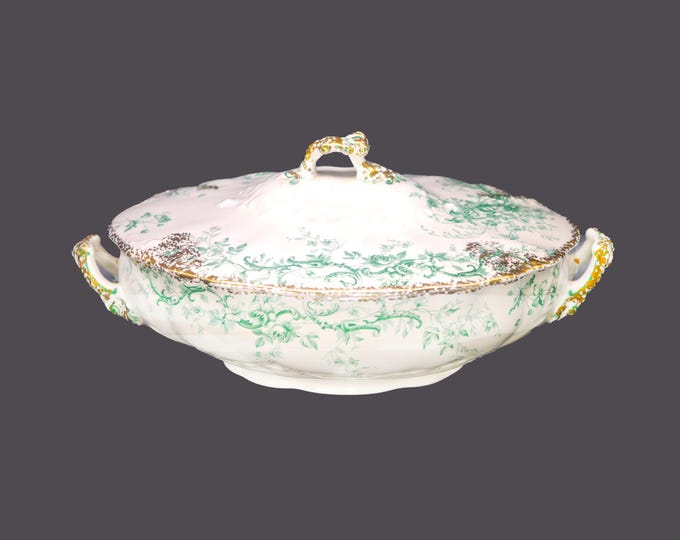 Antique Edwardian Age Sampson Hancock & Sons Ivanhoe lidded, handled oval serving bowl made in England.