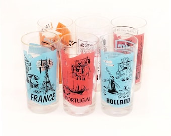 MCM European Countries of the World high ball glasses. Gold rims. Set of 6.