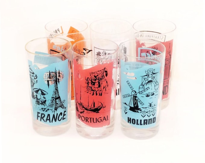 MCM European Cities of the World high ball glasses. Gold rims. Set of 6.