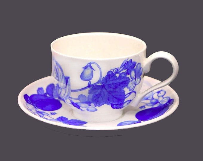 Portmeirion Harvest Blue over-sized breakfast cup and saucer set. Angharad Menna design. Blue-and-white tableware made in England.