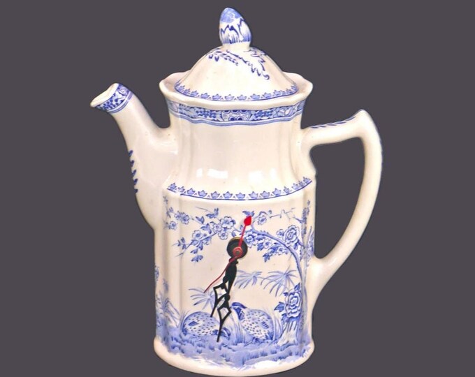 Almost antique Furnivals Quail Blue decorative coffee pot clock. Blue quails and florals. Made in England.