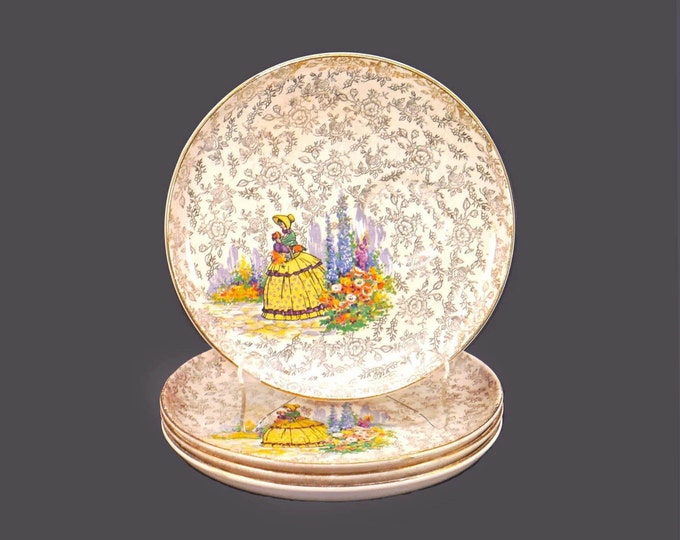Four James Kent Old Foley Crinoline Lady 3087 round toast, snack, tennis plates made in England. Flaws (see below).