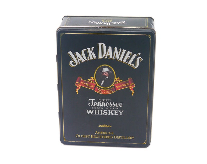 Jack Daniels Old Time Tennessee Sour Mash Old No 7 Whisky tin. Hinged lid. Country Gentleman. Tin made in the USA.