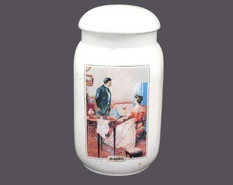 Caffe Mauro ceramic Coffee Canister with vacuum-sealed lid made in Italy. Ceylindo Tea Co ad. Flaws (see below).