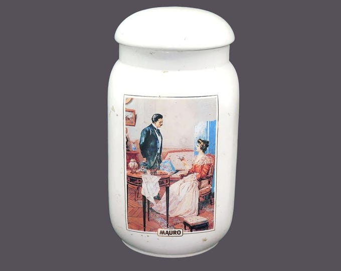 Caffe Mauro ceramic Coffee Canister with vacuum-sealed lid made in Italy. Ceylindo Tea Co ad. Flaws (see below).