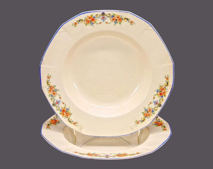 Pair of Alfred Meakin multisided rimmed soup bowls. Orange, blue floral swags and scrolls, blue trim. Flaws (see below).