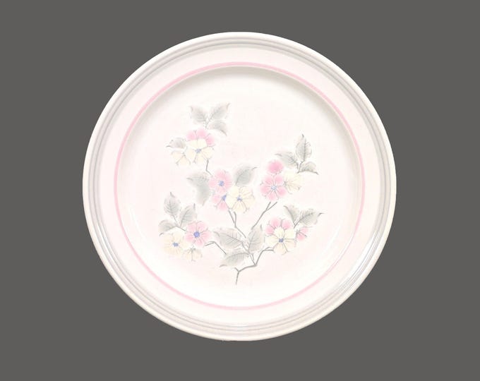 Japan Stoneware large dinner plate. Pink and grey bands, pink and cream flowers. Sold individually.