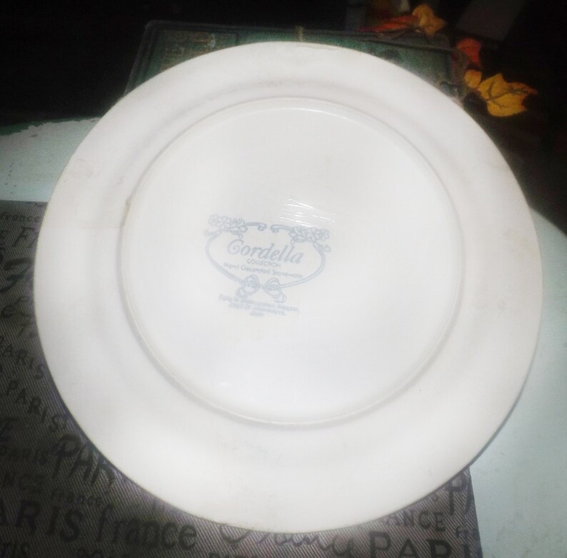 Vintage Made in Japan. charger Blue flowers embossed details brown ribbons 1980s Cordella Bluet large stoneware dinner plate