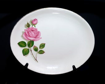 Swinnertons oval vegetable platter. Pink rose on the stem, rosebud. Nestor Vellum ironstone made in England.