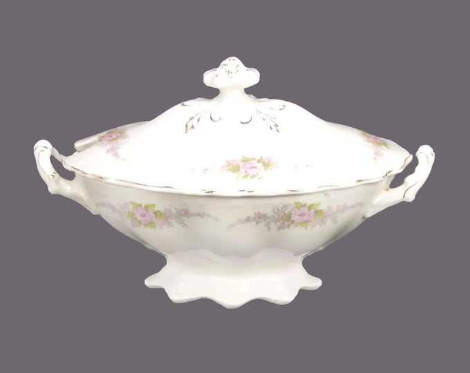 Antique Edwardian Age Johnson Brothers JB1042 footed covered sauce or gravy boat made in England. Flaws (see below).