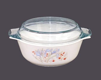 Pyrex Blue Iris 2.5 quart covered glass casserole dish with original dome lid made in England.
