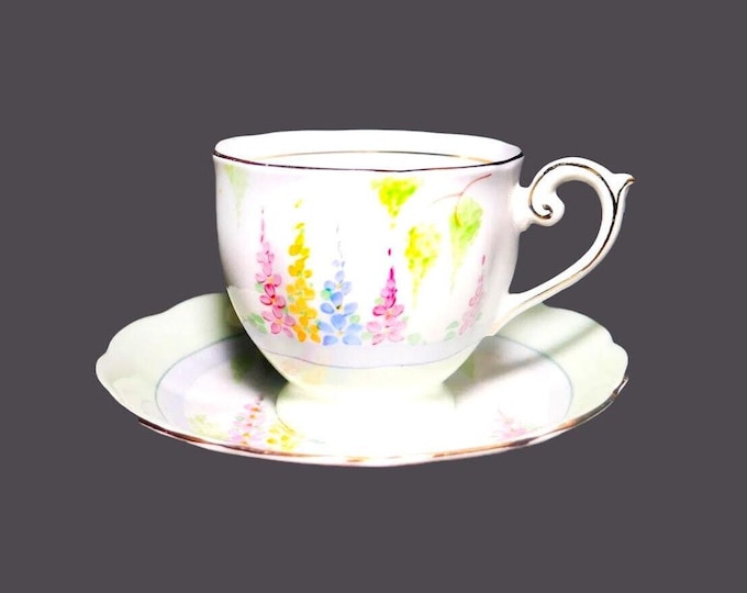 Bell China 4480 bone china cup and saucer set made in England. Delphiniums.