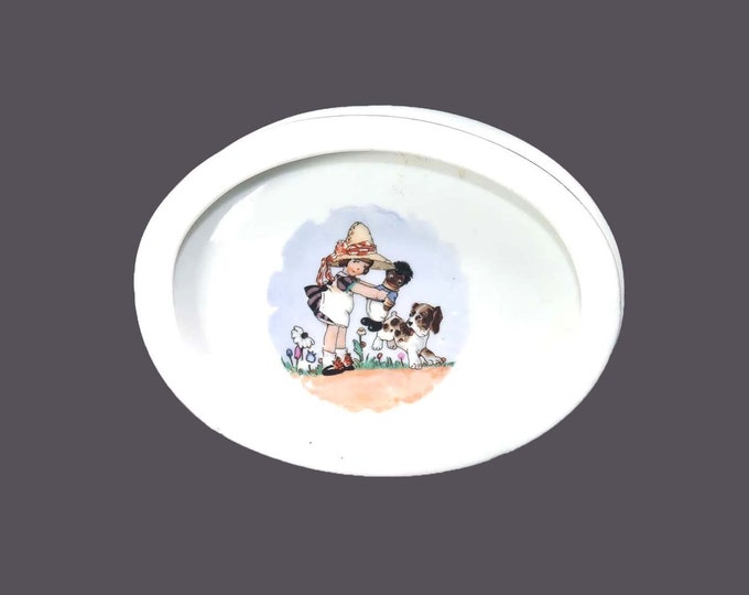 Antique oval child | baby porridge oatmeal bowl made Czechoslovakia. Girl, doll, dog in center.