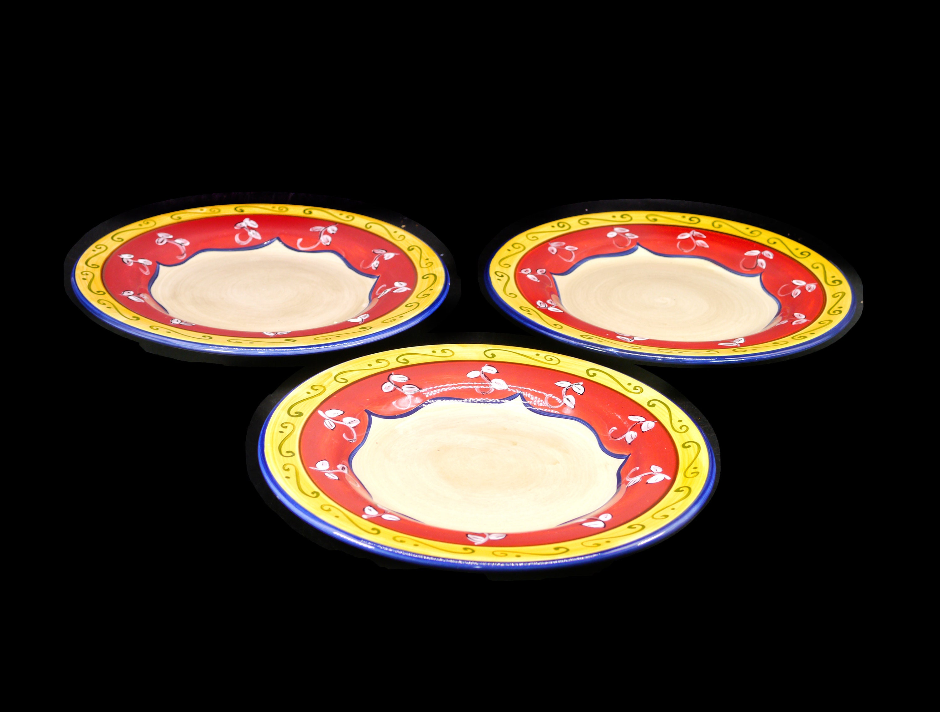 Three Pier 1 Vallarta large, handpainted dinner plates. Flaw (see below).