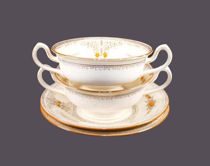 Pair of antique Minton Sheridan B1227 cream soup sets | bouillon sets made in England. Flaws (see below).