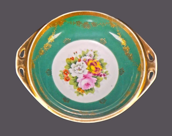 Antique Noritake Morimura hand-painted Nippon handled serving bowl. Green with central florals.