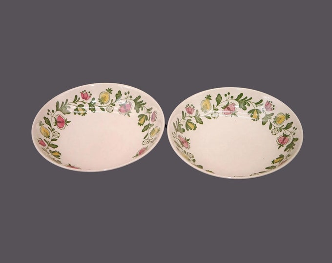 Pair of Johnson Brothers Gretchen Green coupe soup bowls.